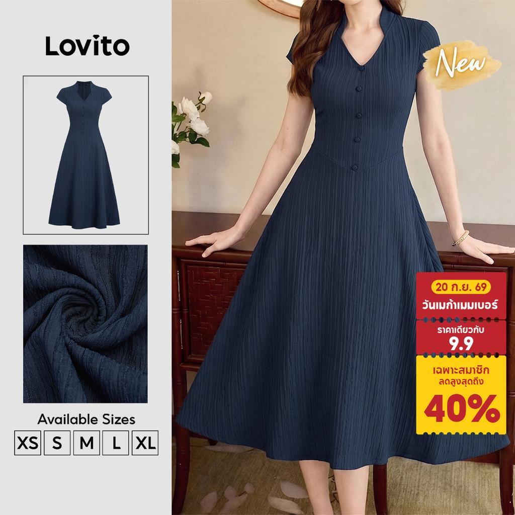 (New Arrival) Lovito เดรสสวยหรูสไตล์เรโทร กระดุมด้านหน้า จีบ และซิป สีน้ำเงินเข้ม สำหรับผู้หญิง เหมาะสำหรับฤดูใบไม้ผลิ/ฤดูร้อน DRB201P1D493