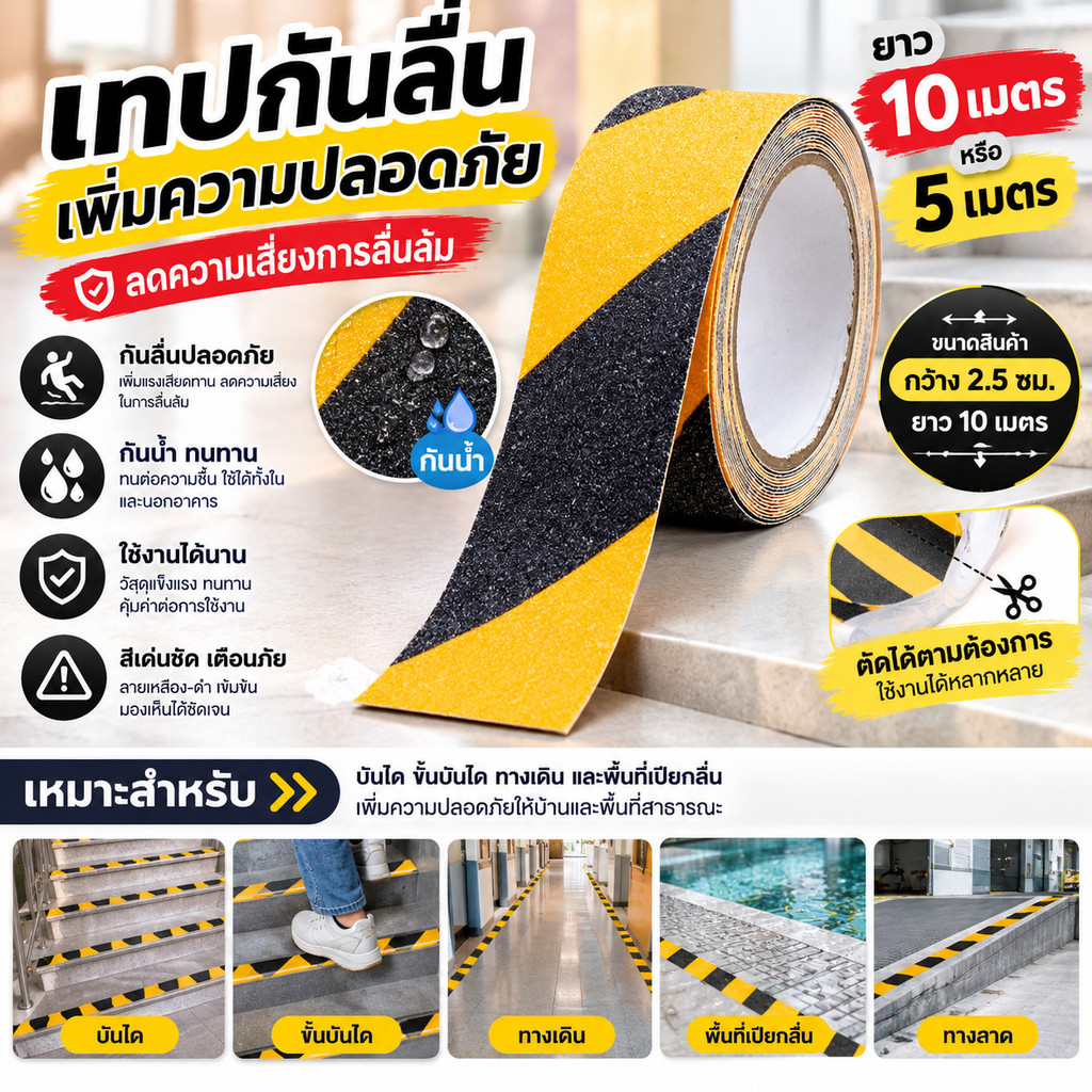 HH เทปกันลื่น ติดบันได กาวเหนียวพิเศษ กันน้ำ ทนทาน ป้องกันลื่นล้ม ยาว 5/10ม. ติดบันได ห้องน้ำ ทางลาด
