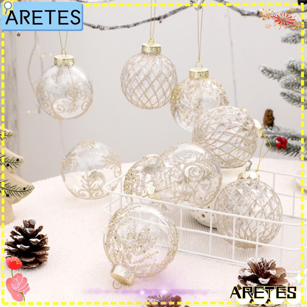 AREES 9PCS แขวนลูกบอล, 9 ซม.PET Christmas Tree Ball, Navidad สีพิมพ์ตกแต่งบ้าน Xmas Tree แขวนเครื่อง