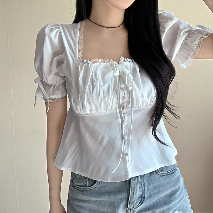 เสื้อลูกไม้แขนพองแขนสั้นสำหรับผู้หญิง แบบเกาหลี คอปักลูกไม้และมีเชือกรูด - รูปที่ 5