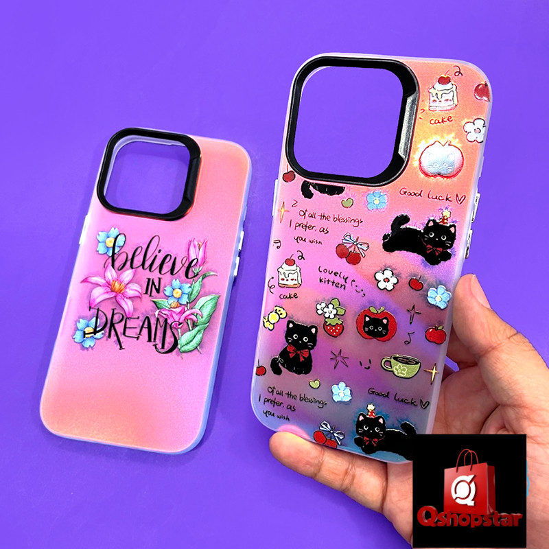 เคสขอบนิ่มด้านหลังสีเงาประกายรุ้ง กันเลนส์กล้องดำiPhone 13 Pro Max 14 Pro Max 15+ 16 16+ 16 Pro 16 P