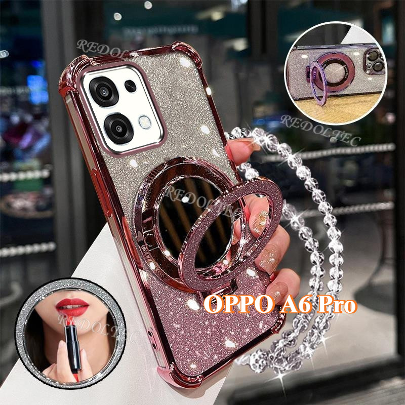เคส OPPO A6 Pro 5G 4G ใหม่Gradient Glitterปลอกพร้อมกระจกแต่งหน้าขาตั้งแม่เหล็กOPPO A6Proเลนส์พร้อมวงเล็บเชือกเส้นเล็กฝาครอบโทรศัพท์กันกระแทก