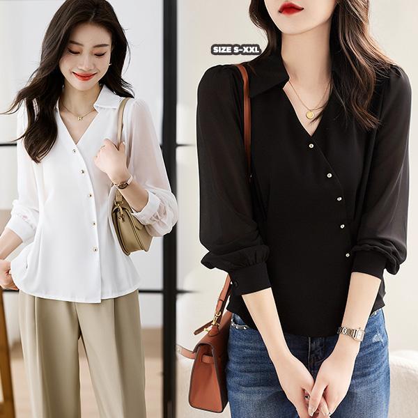 mimi&didi#เสื้อแขนยาวผู้หญิงแฟชั่น เสื้อเบลาส์สไตล์เรียบง่าย สำหรับผู้หญิง แขนยาว กระดุมแนวทแยงโลหะ เสื้อทางการ#99205