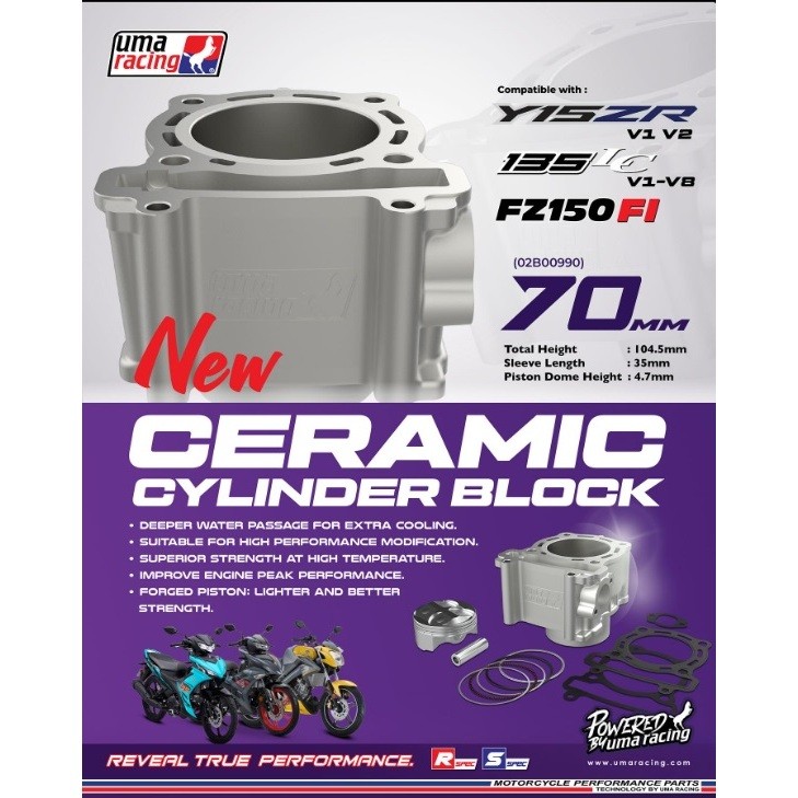 UMA RACING BLOCK 70MM 135LC Y15 LC135 LC Y15ZR BLOK UMA 70MM DOME 4.7MM PISTON