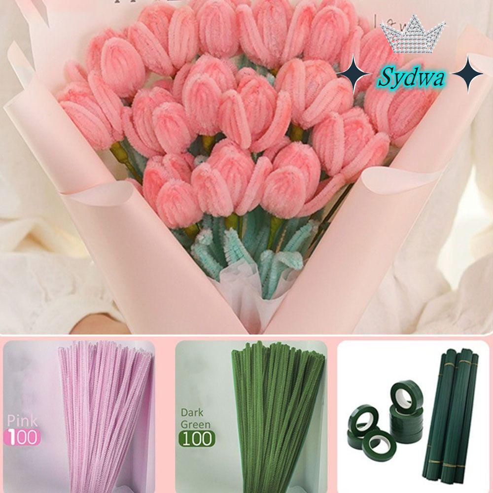 SYDWA Plush Strip, เข้ารหัสขนสัตว์ Root Top ถัก Macaron สี Fuzzy Wire, วัสดุทนทานแพคเกจ Tulip Rose S