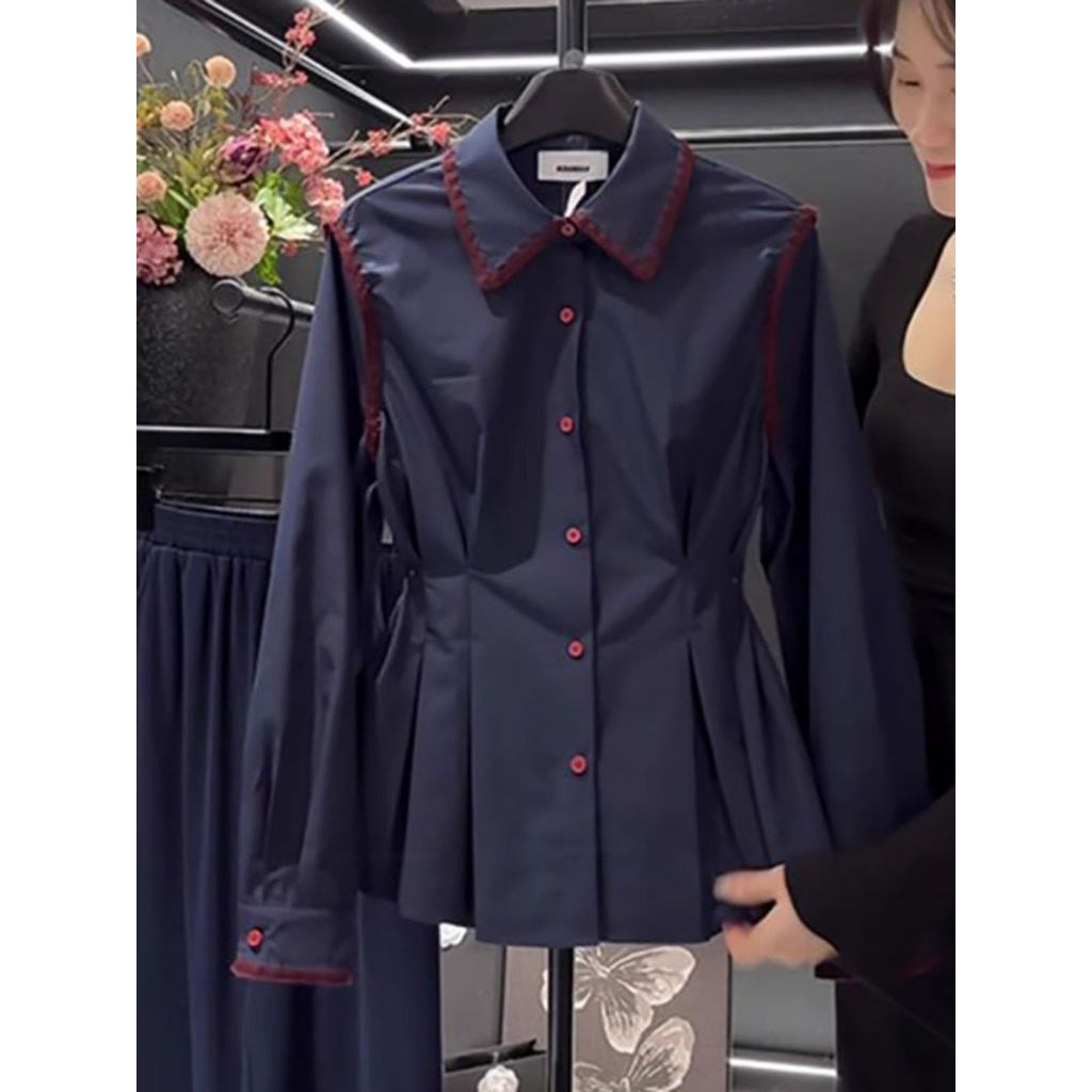 เสื้อเชิ้ตสตรีสีกรมท่า ออกแบบแคบเอว แขนยาวสั้น ในสไตล์ฝรั่งเศส สำหรับฤดูหนาวปี 2025