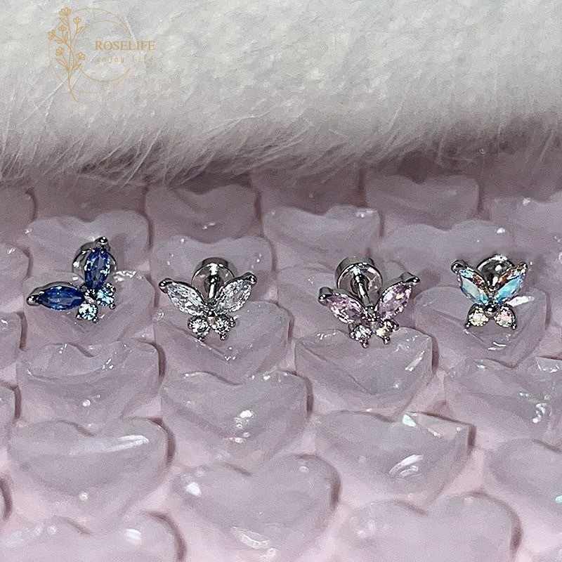 Roselife 1PC Tungsten Earrings สแตนเลสเงิน S925 และคริสตัลสีชมพู ผีเสื้อสกรูสำหรับสร้อยหู เพอร์ซิฟ พร้อมให้เป็นของขวัญสวยงาม