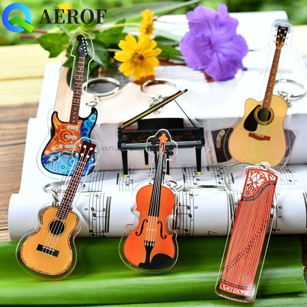 AEROF กีตาร์พวงกุญแจอะคริลิค, Ukulele VIOLIN กีตาร์จี้,เครื่องมือ Key Chain Cello แซ็กโซโฟน Zither ก