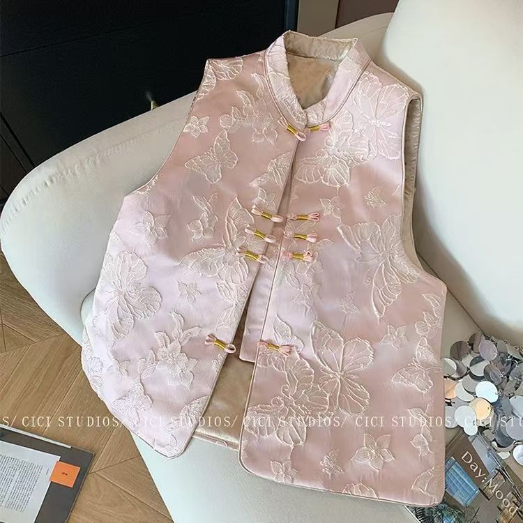 เสื้อกั๊กผ้าแจ็คการ์ดลายผีเสื้อ แขนกุด มีเข็มขัดสไตล์จีน