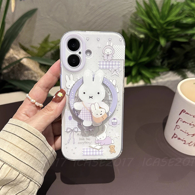 กระเป๋าเป้สะพายหลังสีม่วง Miffy กระต่ายวงเล็บแม่เหล็ก Samsung S26 S25 S24 S23 Ultra S22+S21 FE A57 A56 A15 A55 เคสโทรศัพท์กันกระแทก