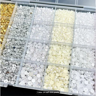 Nail Art สติ๊กเกอร์ติดเล็บอุปกรณ์ทําเล็บ DIY Pearl ความสว่างสูงผสม Mini ขนาด 24 ตารางครึ่งรอบ Beige สีชมพู ทองคําขาวเงิน KOUDAN