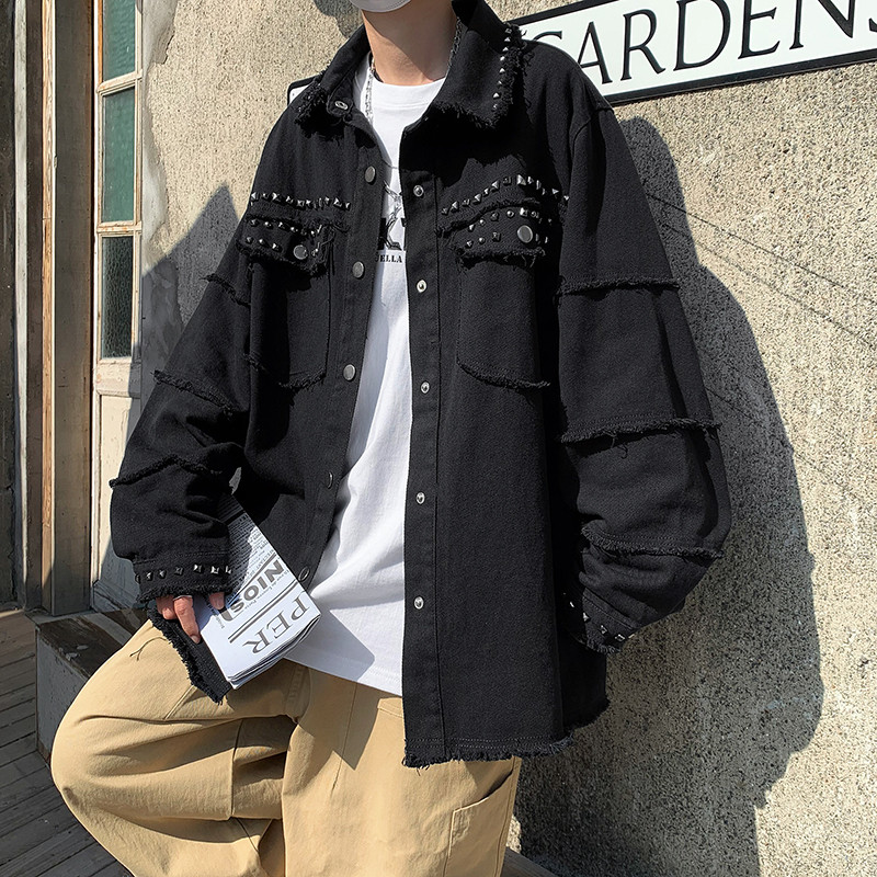 High Street Retro Frayed Lapel Jacket ผู้ชาย Country Street สวม Rivets หลวม Rivets หล่อ High Street 
