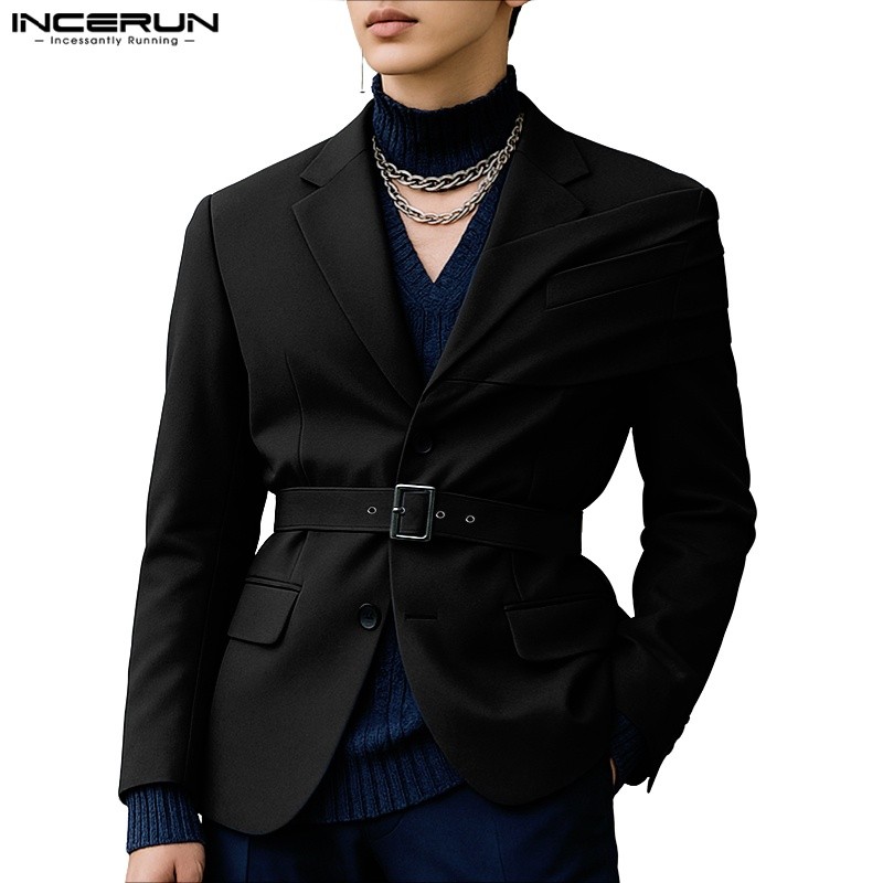 INCERUN ผู้ชายเกาหลี Advanced Lapel Neck Deconstructive Design Belt Long Sleeve Casual Blazer
