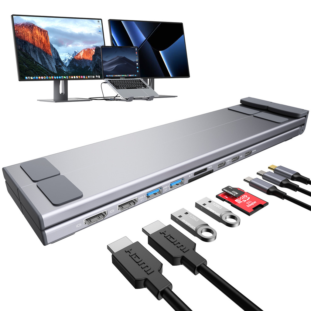 4K Dual Screen Display 9 in 1 USB-C Hub Docking Station คอมพิวเตอร์แล็ปท็อปขาตั้งพับ
