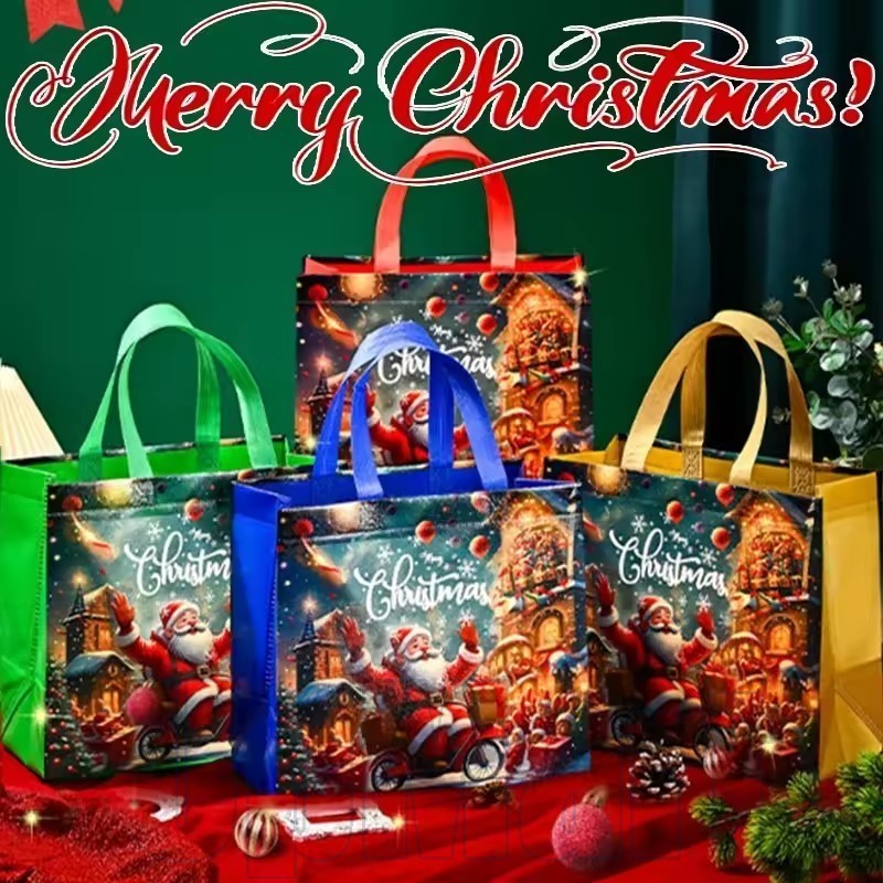 กระเป๋าโท้ตคริสต์มาส วัสดุนิเวศไม่ทอ | ชุดถุงของขวัญนํากลับมาใช้ใหม่ได้ 3/5/10 ชิ้น พิมพ์เทศกาลกว้างขวางสําหรับเก็บวันหยุด