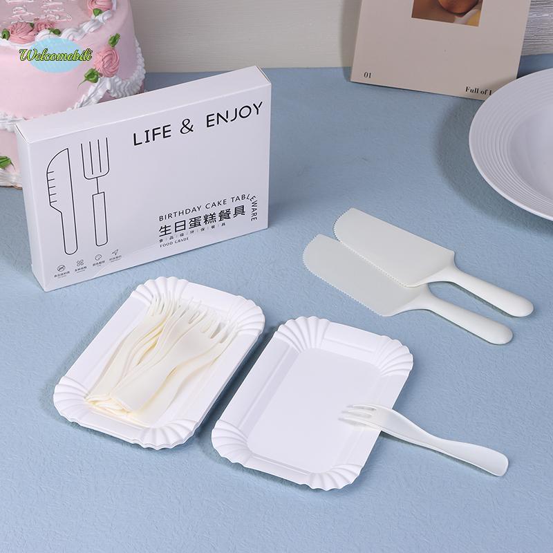 [WLB-t] 5Person 10Person White Birthday Cake Knife Fork Set Plastic Disposable Dinner Plate Set Baki