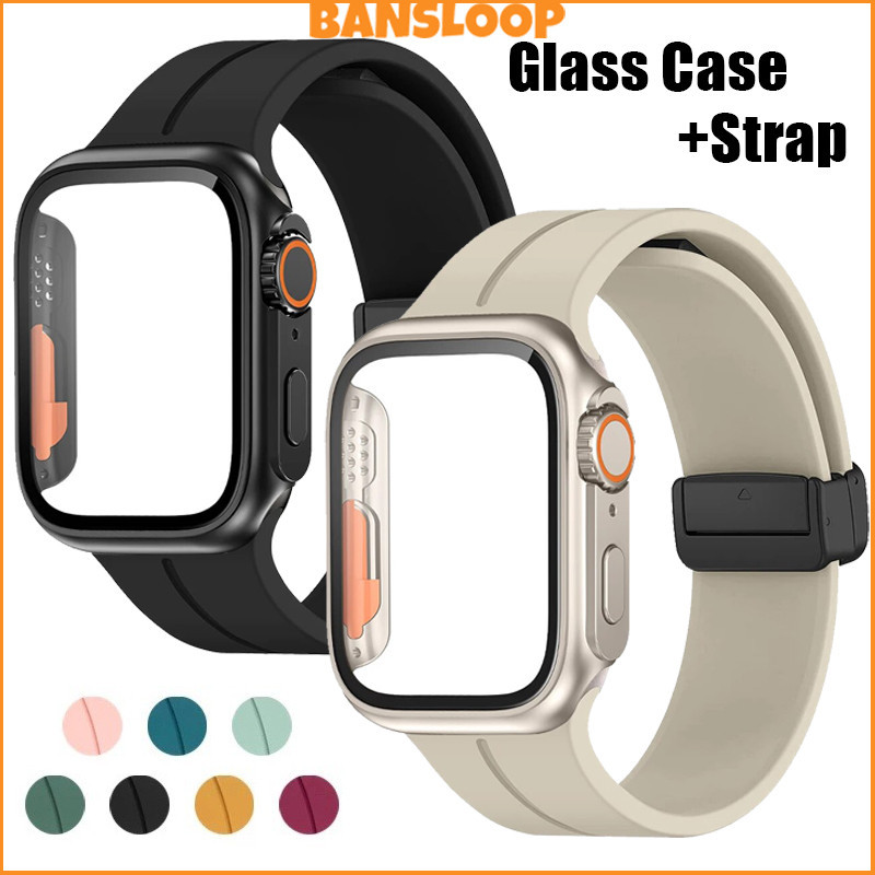 กระจกนิรภัย PC Cover Case สายรัดซิลิโคน for IWatch Apple Watch Series 11 10 9 8 7 6 5 4 SE 3 2 46มม 45 44 42 41 40 38มม