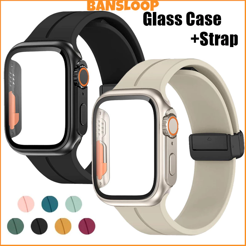 กระจกนิรภัย PC Cover Case สายรัดซิลิโคน for IWatch Apple Watch Series 11 10 9 8 7 6 5 4 SE 3 2 46มม 45 44 42 41 40 38มม