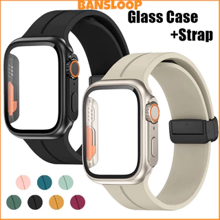 กระจกนิรภัย PC Cover Case สายรัดซิลิโคน for IWatch Apple Watch Series 11 10 9 8 7 6 5 4 SE 3 2 46มม 45 44 42 41 40 38มม