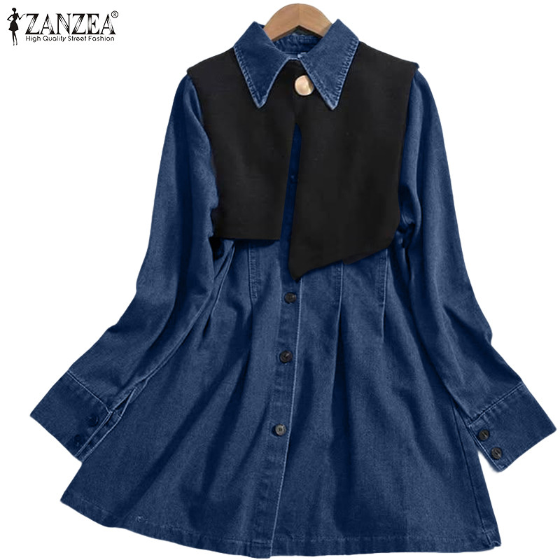 ZANZEA ซานเซีย สไตล์เกาหลี เสื้อยีนส์แขนยาวสำหรับผู้หญิง ดีไซน์หลวม ๆ คล่องตัว