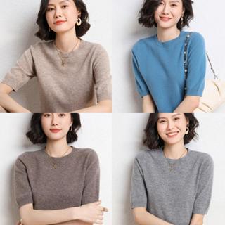 poppy# สไตล์เสื้อนอกถักเสื้อสเวตเตอร์แขนสั้นเสื้อยืดด้านบนสไ…