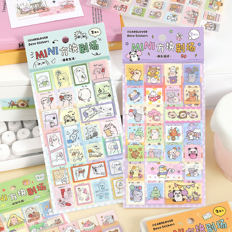 P PET สติ๊กเกอร์ 2 ชิ้นในสติกเกอร์ PET MINI Square Theater Series เกาหลีน่ารักคู่มือวัสดุ diy สติ๊กเ