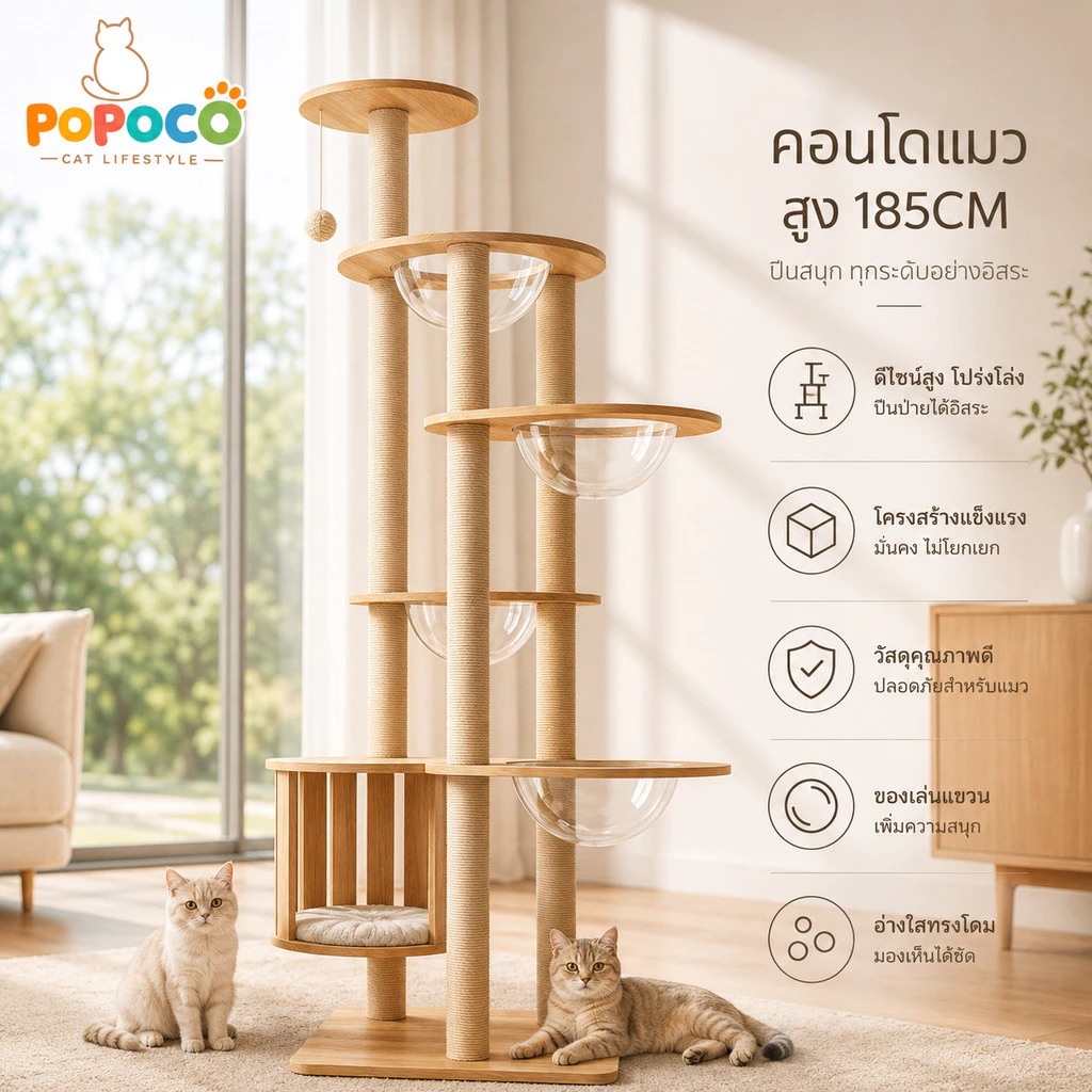 【POPOCO】คอนโดแมวไม้ยางพารา 185CM คอนโดแมวทรงสูง ต้นไม้แมว บ้านแมว หลุมอวกาศอะคริลิกใส เสาลับเล็บแมว ที่นอนแมว สำหรับแมวห