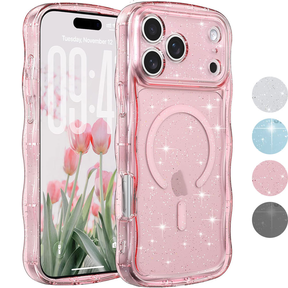 Magnetic Clear Glitter Curly Wavy Frame Sparkly Bling ,สาวน่ารักอะคริลิคใส Hard PC เคสกันกระแทกสําหรับ iPhone 17 Pro Max/Air/17E/16 Pro Max/15 Plus/14 Pro/13