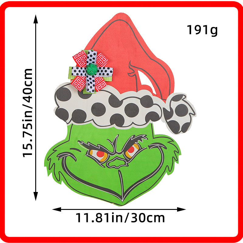 ตกแต่งคริสต์มาส แผ่นประตูไม้ หัวเตียง Grinch สัตว์ประหลาดขนสีเขียวห้อย พวงหรีด The Grinch