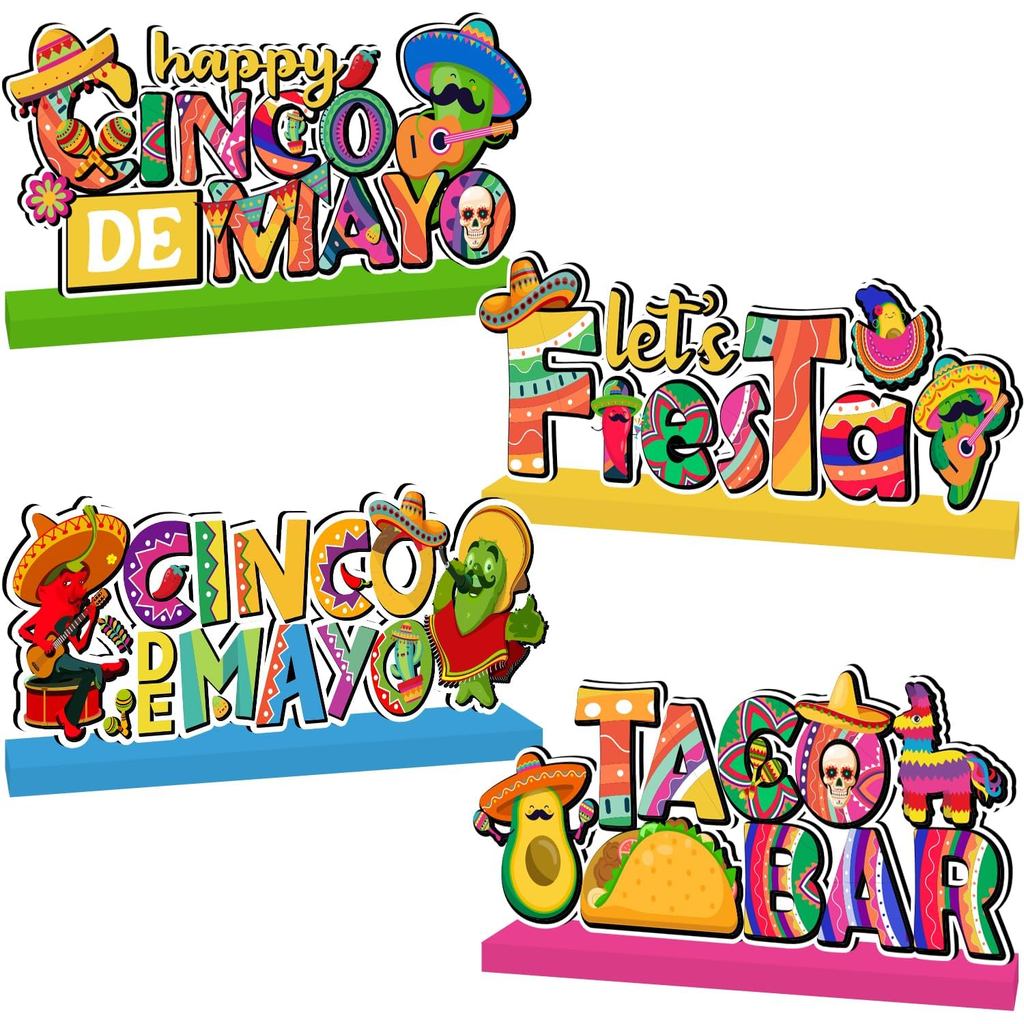 4 ชิ้น Cinco De Mayo ตกแต่งโต๊ะไม้ Centerpieces Happy Cinco De Mayo Party ตกแต่งตาราง Taco Bar 5 De 