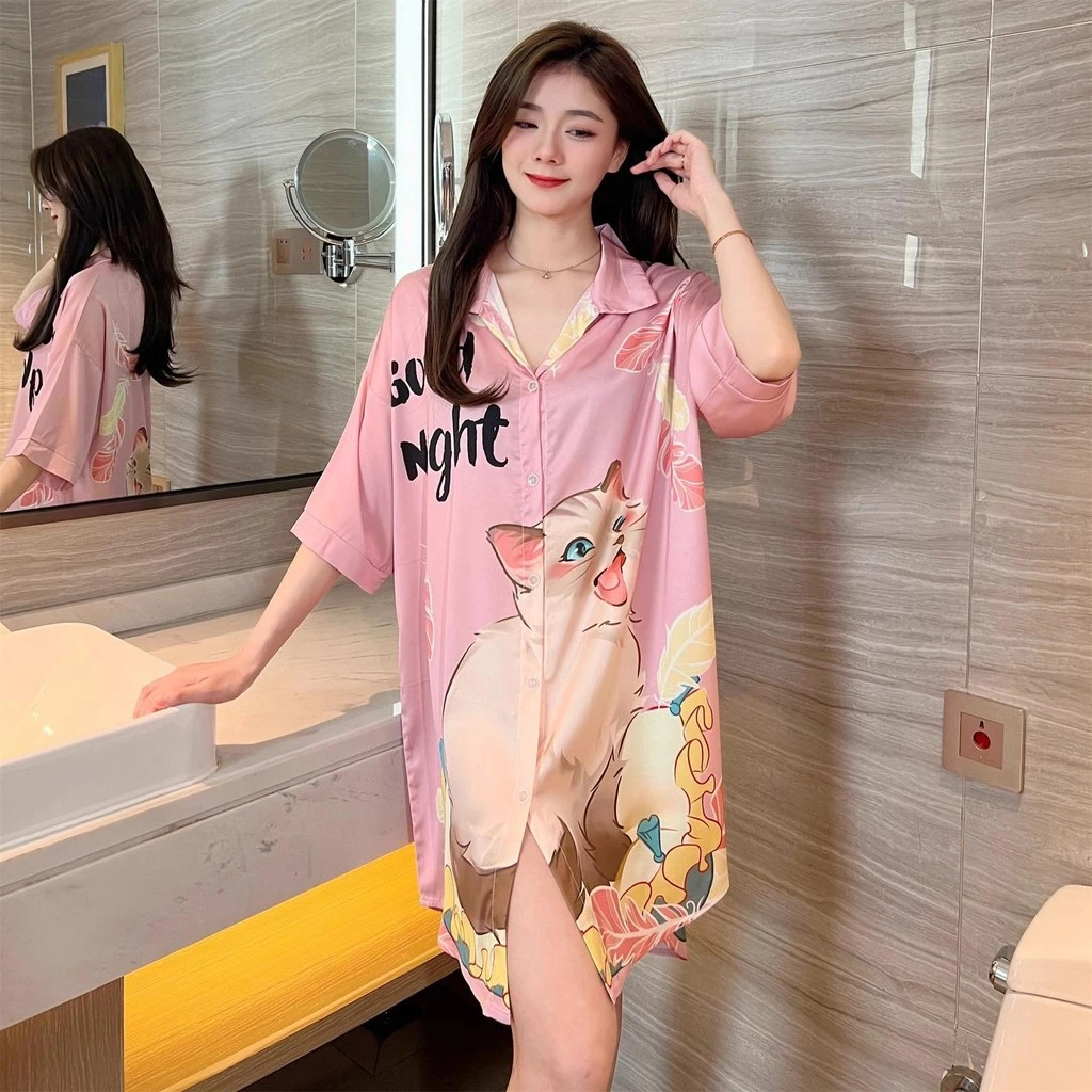 ผ้าไหมน้ําแข็งระบายอากาศพิมพ์ ชุดนอน เสื้อสไตล์หลวม ผอมลง ดูฤดูร้อนเย็นเป็นมิตรกับผิวนักเรียนพรรคสไตล์เกาหลีสไตล์น่ารัก ล-3เอ็กแอล ประเทศไทยจัดส่งฟรีพร้อมส