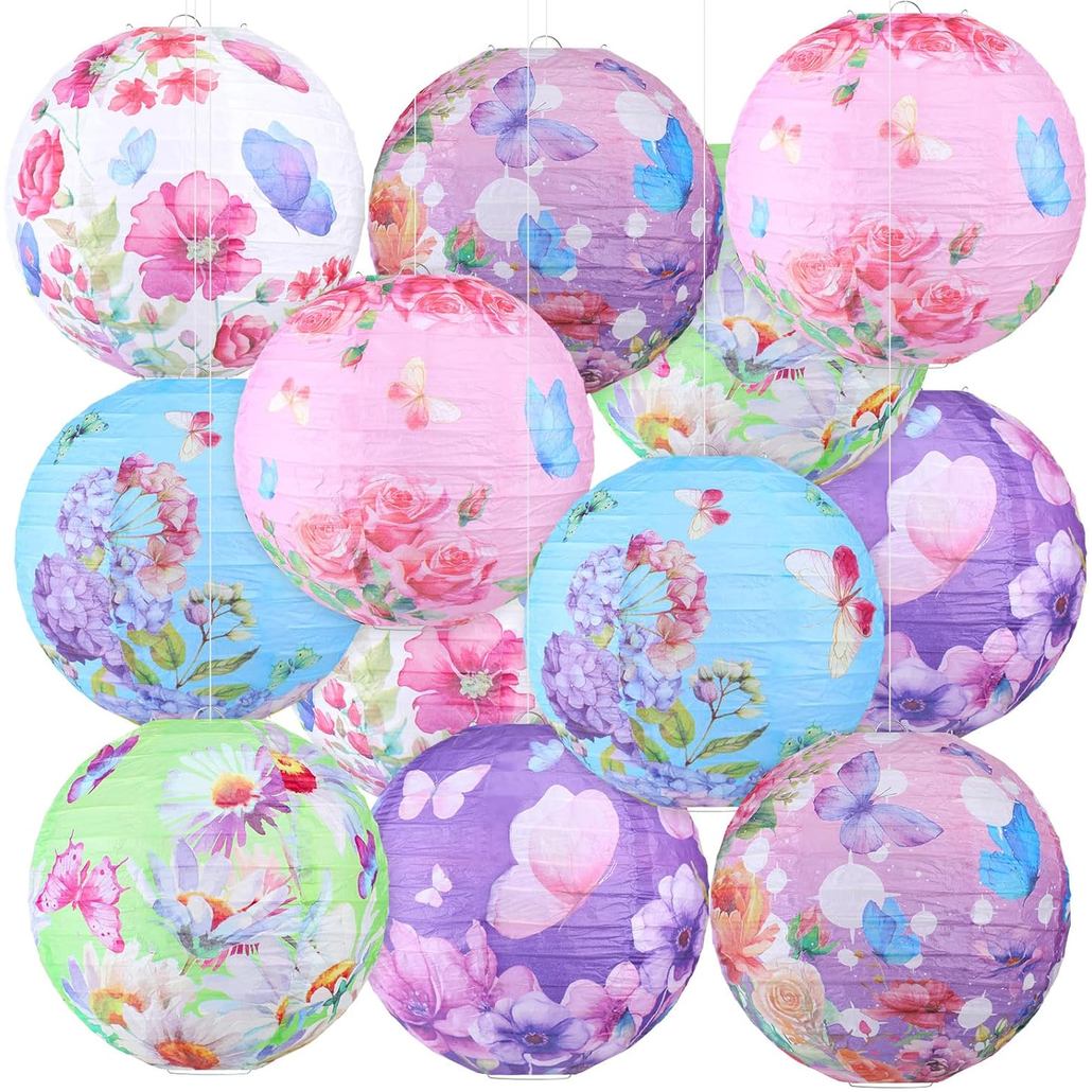 Panelee 12 ชิ้น Butterfly & Floral Theme Party ตกแต่งดอกไม้แขวนโคมไฟกระดาษ 8 นิ้วรอบดอกไม้กระดาษโคมไ