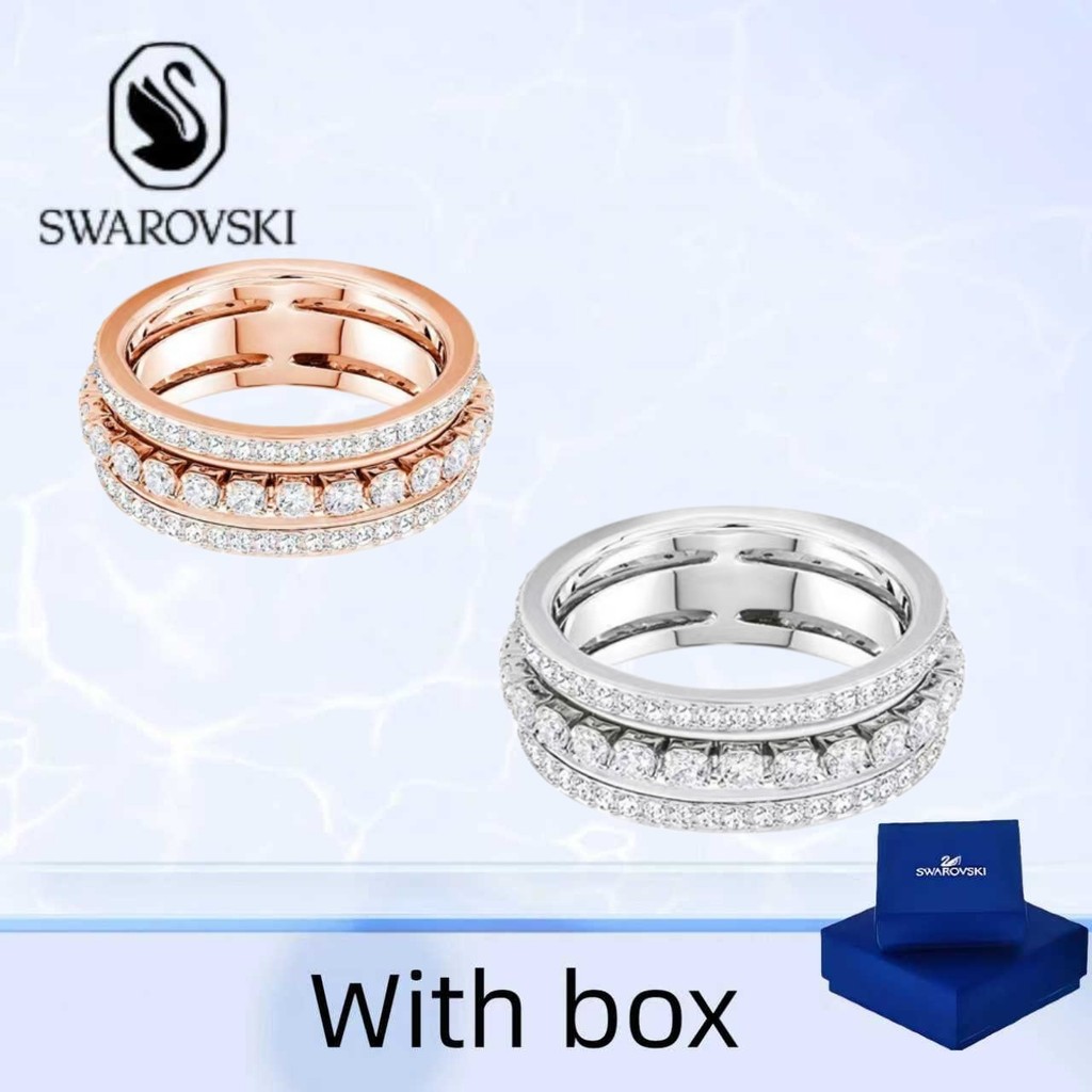 SWAROVSKI สวารอฟสกี้ (พร้อมกล่อง) ซื้อแหวนเครื่องประดับเงินแท้ ผู้หญิง ส925 เงินสเตอร์ลิงเต็มเพชรแหวนลูกปัดคริสตัลสามแหวน, ของขวัญวั