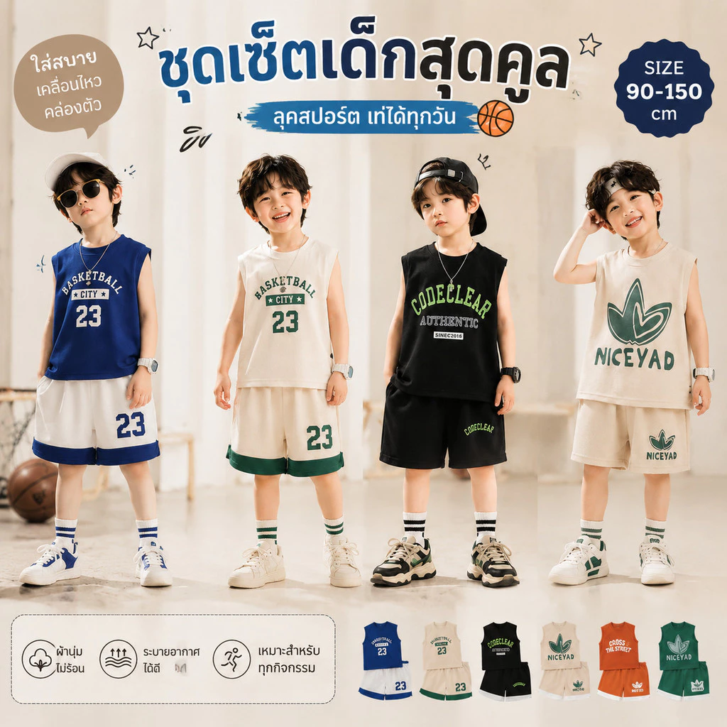 💖 ชุดกีฬาเด็ก เสื้อกล้ามกางเกงขาสั้น ผ้ากีฬาผ้าเรยอนนิ่มใส่สบายระบายอากาศดี ไม่ร้อน วัย 90-150cm DA-Q