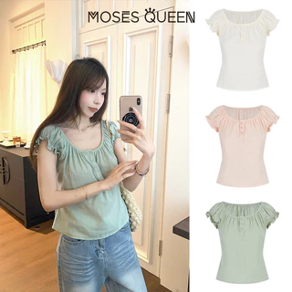 MOSESQUEEN เสื้อยืดแขนสั้นคอยูผ้าฝ้ายแท้พร้อมสายรัดดีไซน์สําหรับเอฟเฟกต์สลิมมิ่งและแขนพัฟ #63929