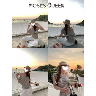 MOSESQUEEN ตะไคร่น้ํา เสื้อยืดแขนสั้นลายทางหลากสีไหล่เฉียงฤดูร้อนผ่อนคลายจีบเข้ารูปเอวกระชับสัดส่วนและเปิดไหล่ด้านบนสําหรับผู้หญิง #63896