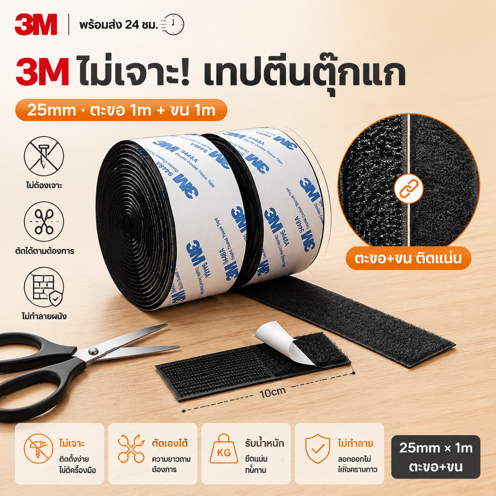 🚚[ส่งฟรี🇹🇭]ตีนตุ๊กแก ตีนตุ๊กแกแบบมีกาว 3M ขน+หนาม มีกาวทั้งสองเส้น ตีนตุ๊กแกมีกาว ติดหน้าต่าง ติดกรอบรูป