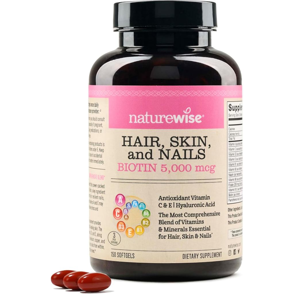 NatureWise Hair Skin and Nail Vitamins, Biotin 5,000 Micrograms, ประกอบด้วยกรดไฮยาลูโรนิก, คอลลาเจนห