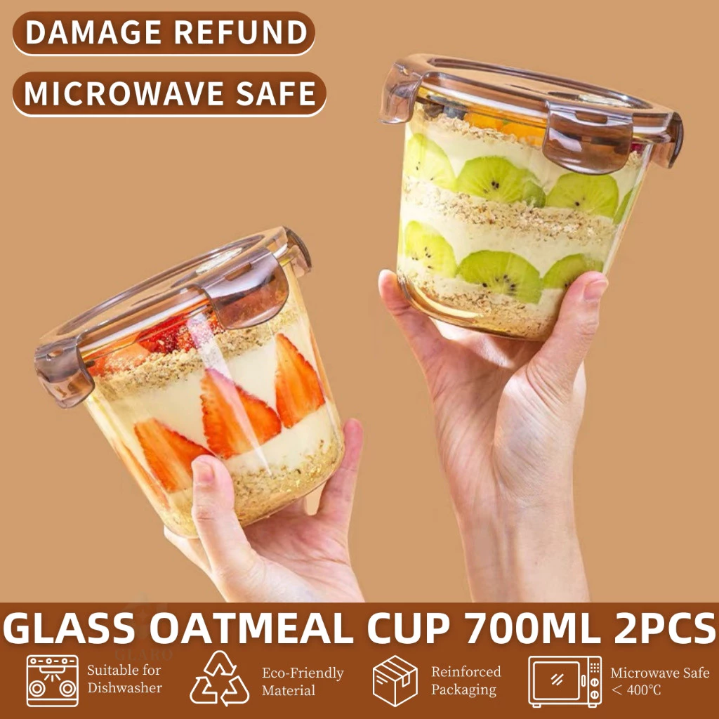 GLARO 2PCS อาหารเช้าข้าวโอ๊ตถ้วย 700ML แบบพกพา Overnight ธัญพืชโยเกิร์ตอาหารเช้าแก้วแก้วขวด Jar Cawan ข้าวโอ๊ต