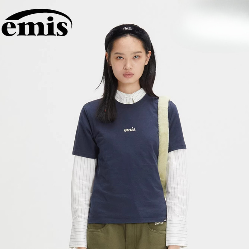 Emis แขนสั้นผู้หญิงโลโก้นูนเสื้อยืดหลวมเกาหลีผ้าฝ้ายแท้เฉพาะฐานชั้นใน ghft