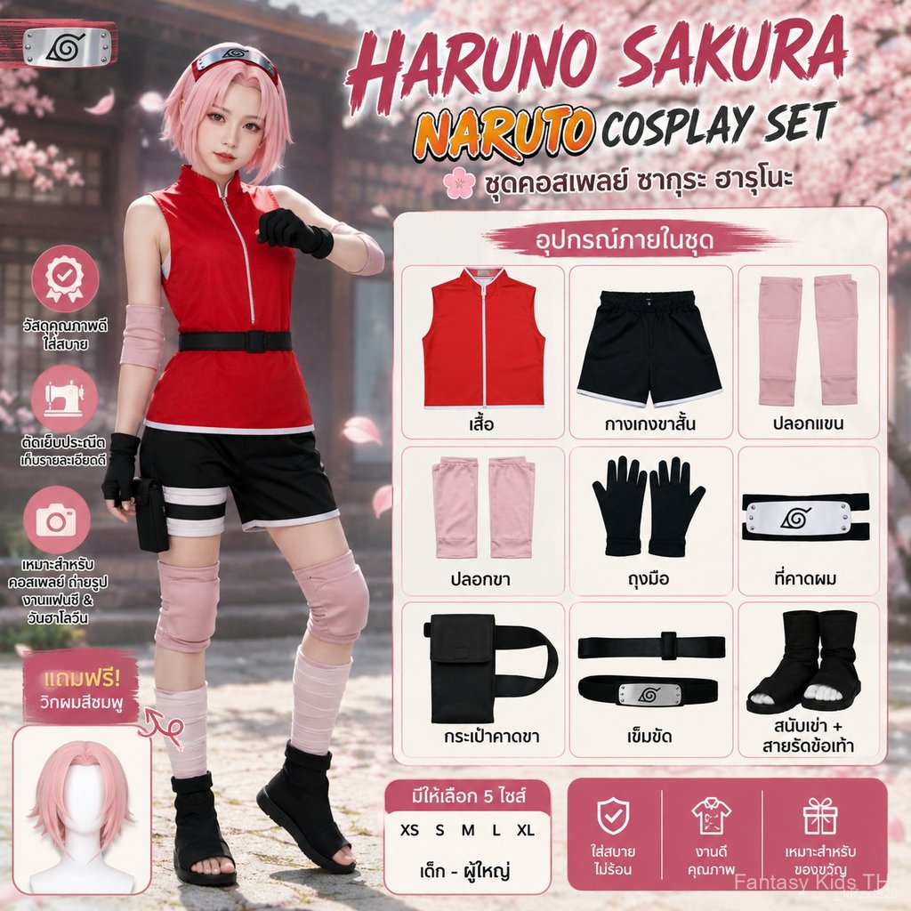 ชุดซากุระ Naruto Cosplay ผู้หญิง พร้อมวิกผม ครบชุด ชุดนินจา Anime Costume Halloween ปาร์ตี้ ถ่ายรูป