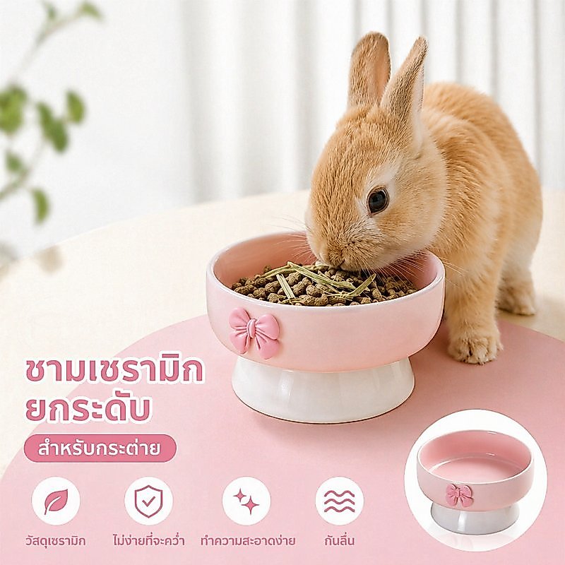 ชามอาหารกระต่าย เซรามิค กันคว่ำ ฐานกันลื่น ชามลึก ถนอมคอ ล้างง่าย ใส่อาหารหญ้าและน้ำ