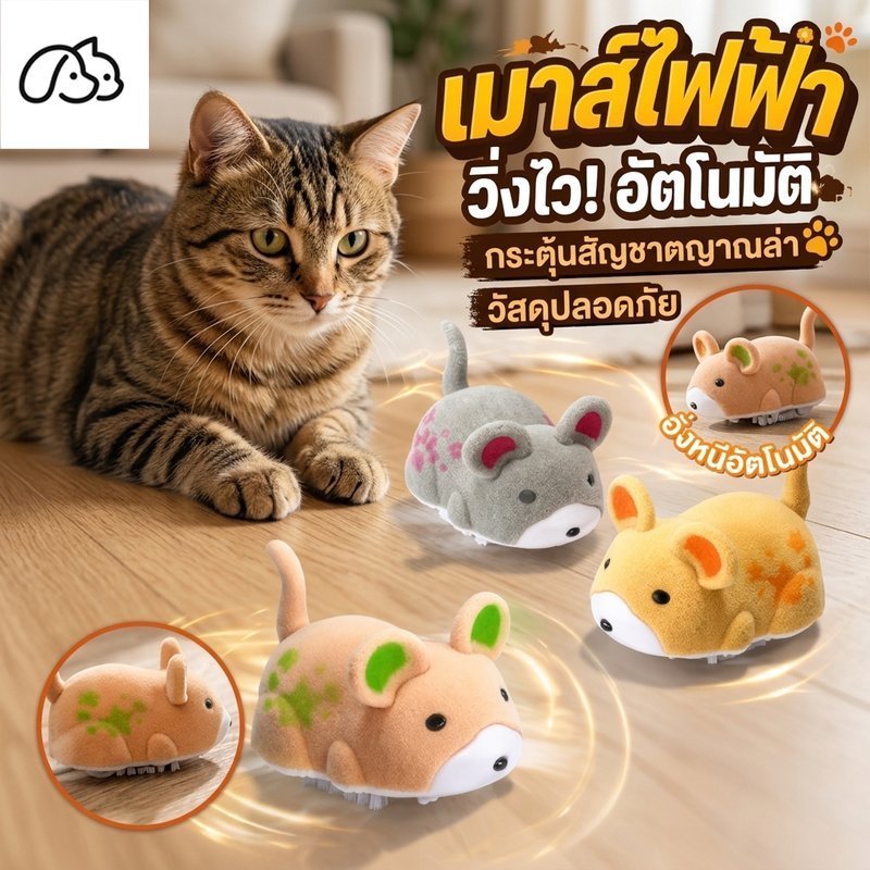 ของเล่นแมวไฟฟ้า หนูอัตโนมัติ มีเสียง วิ่งสุ่ม ขนปุย ของเล่นสัตว์เลี้ยง ของเล่นระบายพลังงานแมวปลอดภัย