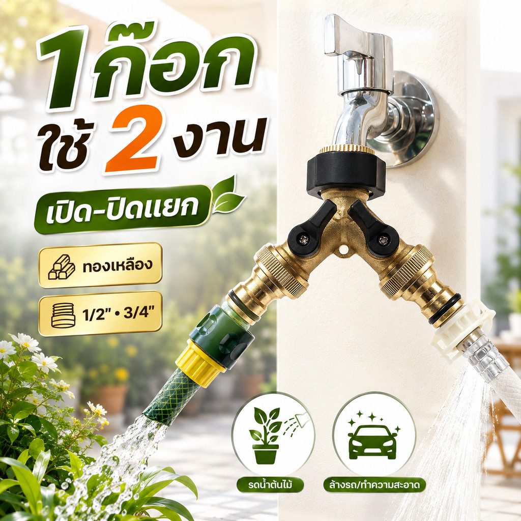 ข้อต่อสายยางทองเหลือง 2 ทาง วาล์วควบคุมแยก ขนาด 1/2 และ 3/4 นิ้ว สำหรับก๊อกน้ำบ้าน รดน้ำ ล้างพื้น ล้างรถ งานประปาทั่วไป