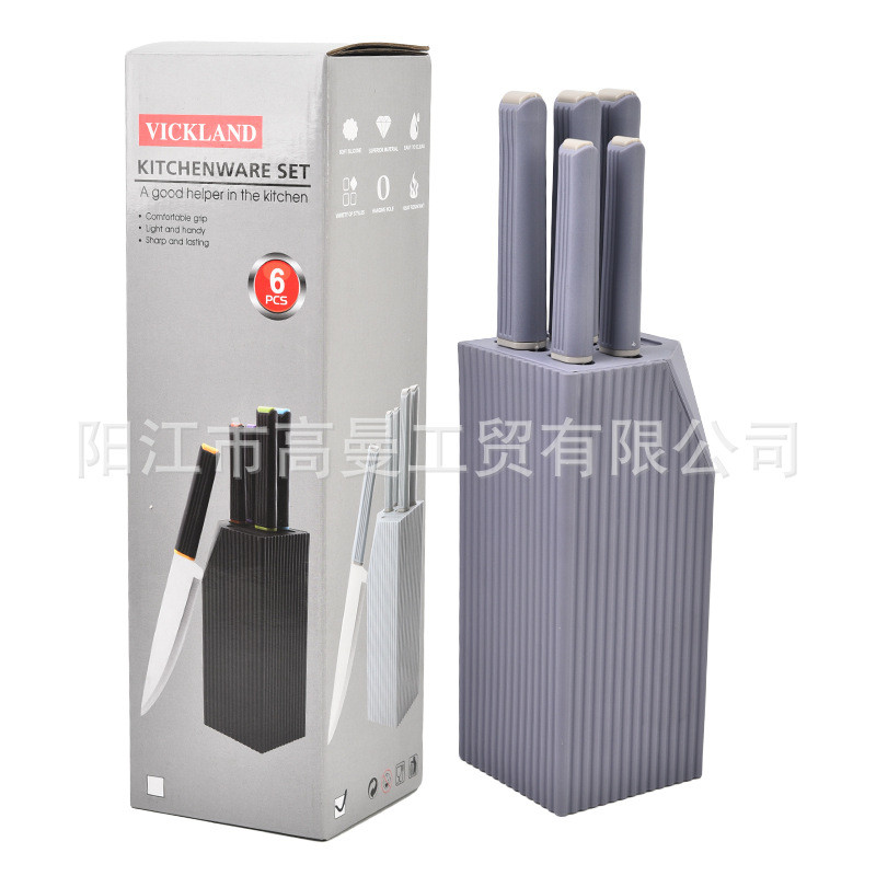 Kitchen knife set, stainless steel polished blades, knife holder set, knife in color box packaging