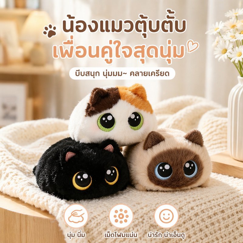ตุ๊กตาแมว ของเล่นคลายเครียด squishy การเติมอนุภาค ผิวสัมผัส สัมผัสที่ละเอียดอ่อน สกุชชี่แมวตาโต