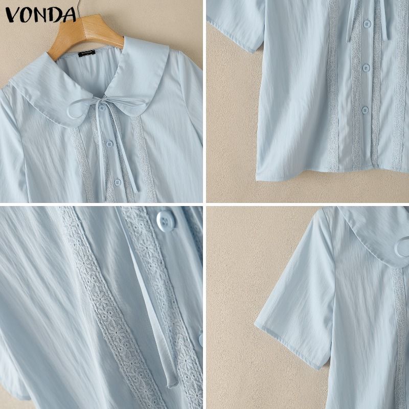 VONDA ผู้หญิงเกาหลี Girly สไตล์ขนาดใหญ่ Lapel Bowtie ลูกไม้แผงทอทอทอปุ่มปกติไหล่ตัดเสื้อสไตล์วิทยาลัย Back-To-School ทุกวันเสื้อแขนสั้น — صورة 7