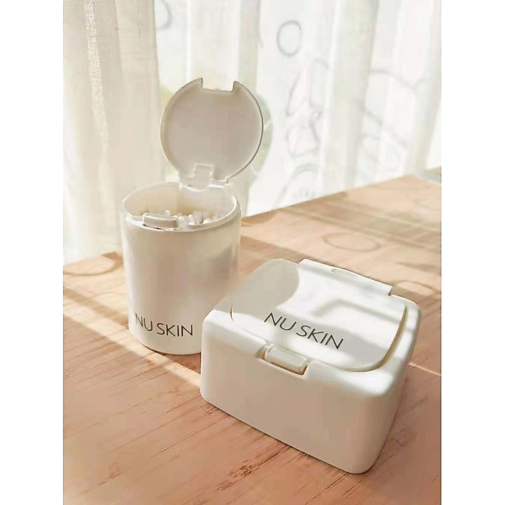 Nuskin nuskin Professional Merchanded คู่ช่องที่ถอดออกได้สําลีเครื่องสําอางผ้าฝ้ายกล่องเก็บเดสก์ท็อป