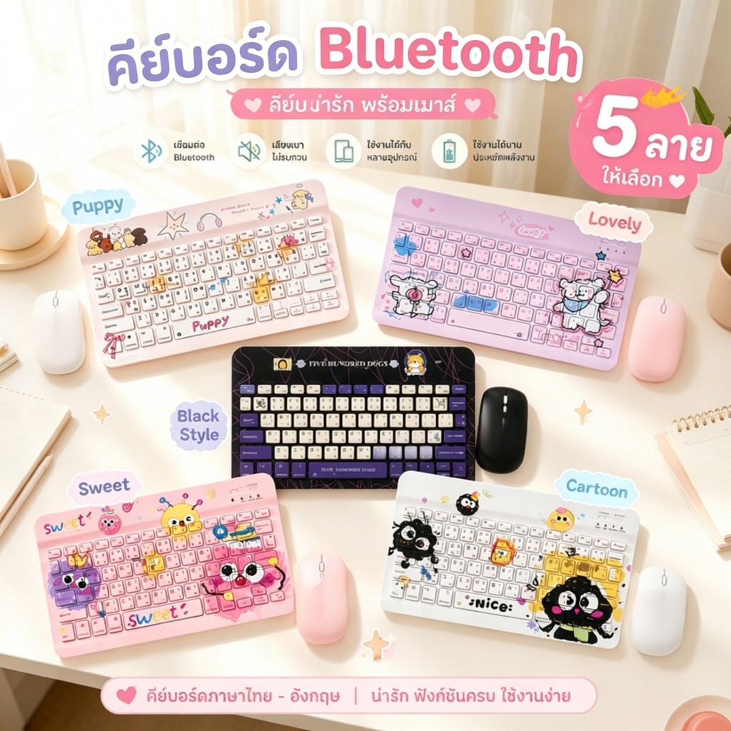 [ ร้านค้าไทย] ใหม่ คีย์บอร์ดไอแพด Cute Thai Keyboard Bluetooth คีย์บอร์ดบลูทูธสีพาสเทล Macron แป้นพิมพ์และเมาส์บลูทู