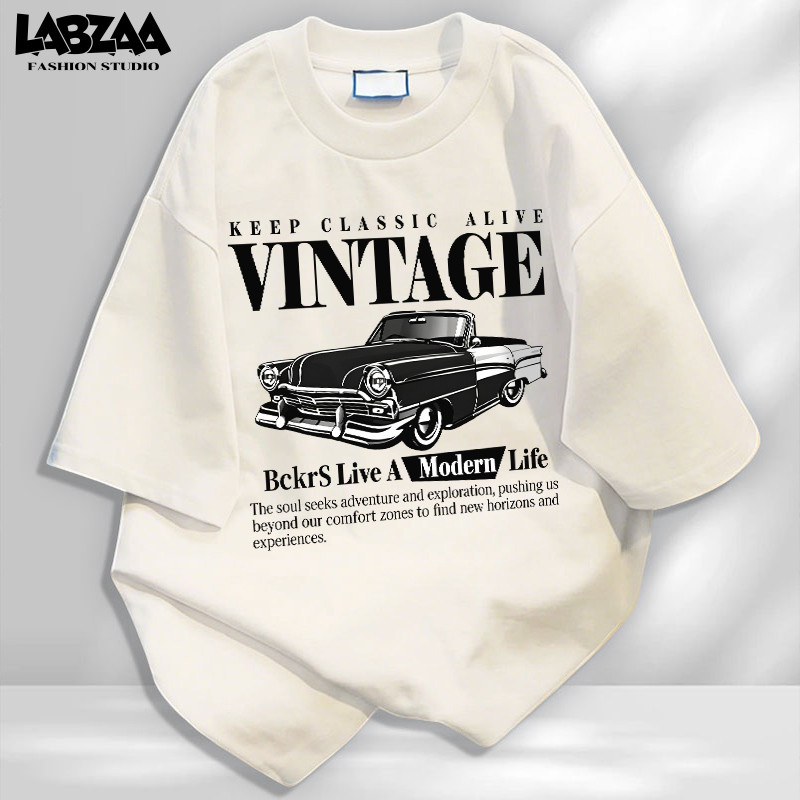 【จัดส่งจากกรุงเทพฯ】LABZAA วินเทจฟอกน้ำ เสื้อยืดผู้ชาย ทรงหลวม ระบายอากาศ ลายรถเทรนด์ ใส่สบาย ผ้าฝ้าย YG1334